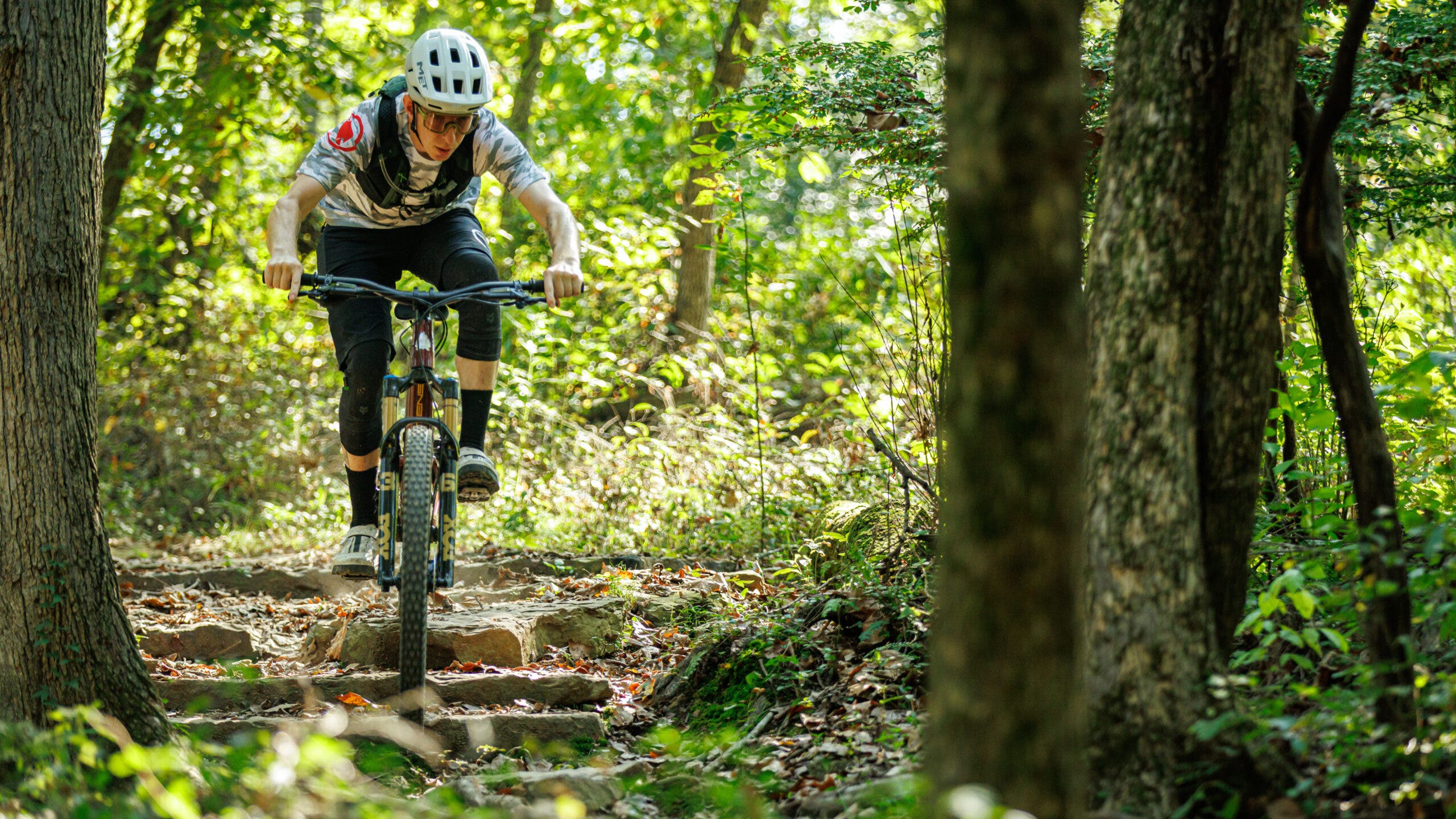 Mountain biker riding Intense Spider trail mountain bike through forrest