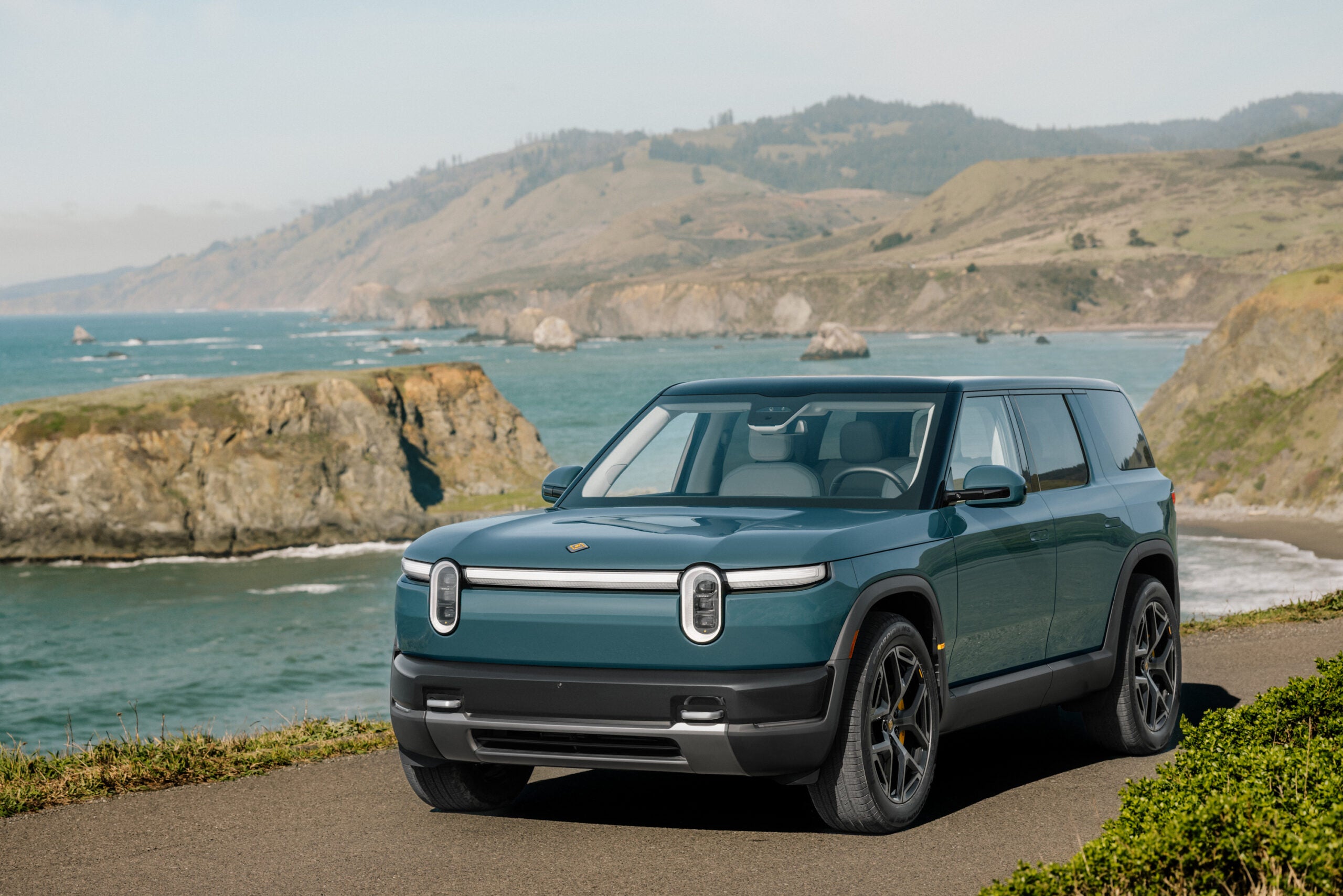 The Rivian R2 in Catalina Blue. 
