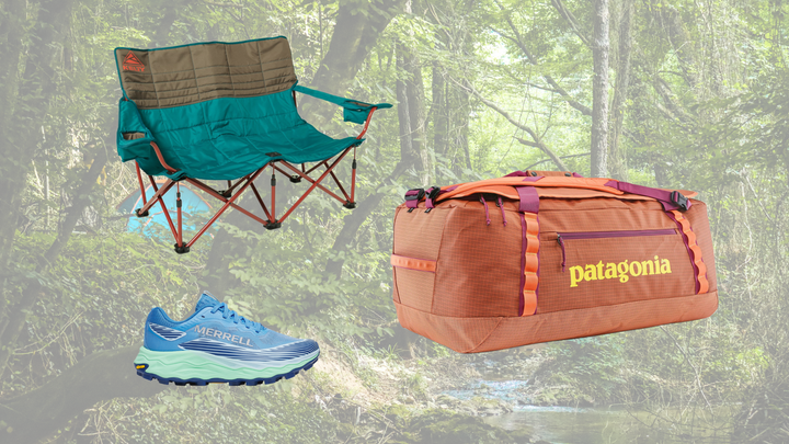 a background of people camping in a forest with an overlay of a Kelty Low Loveseat camp chair, an orange-pink Patagonia black hole 70L duffel bag, and blue and green Merrell Agility Peak 6 trail running shoes
