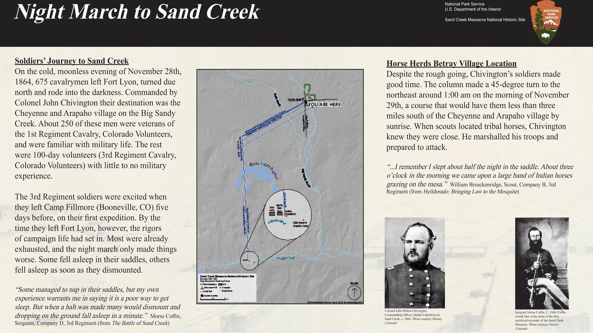 A sign discussing the Sand Creek Massacre
