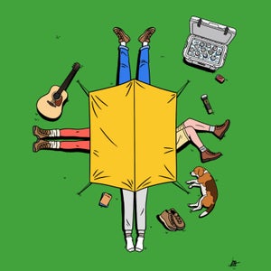 Illustration of multiple people underneath one tent.
