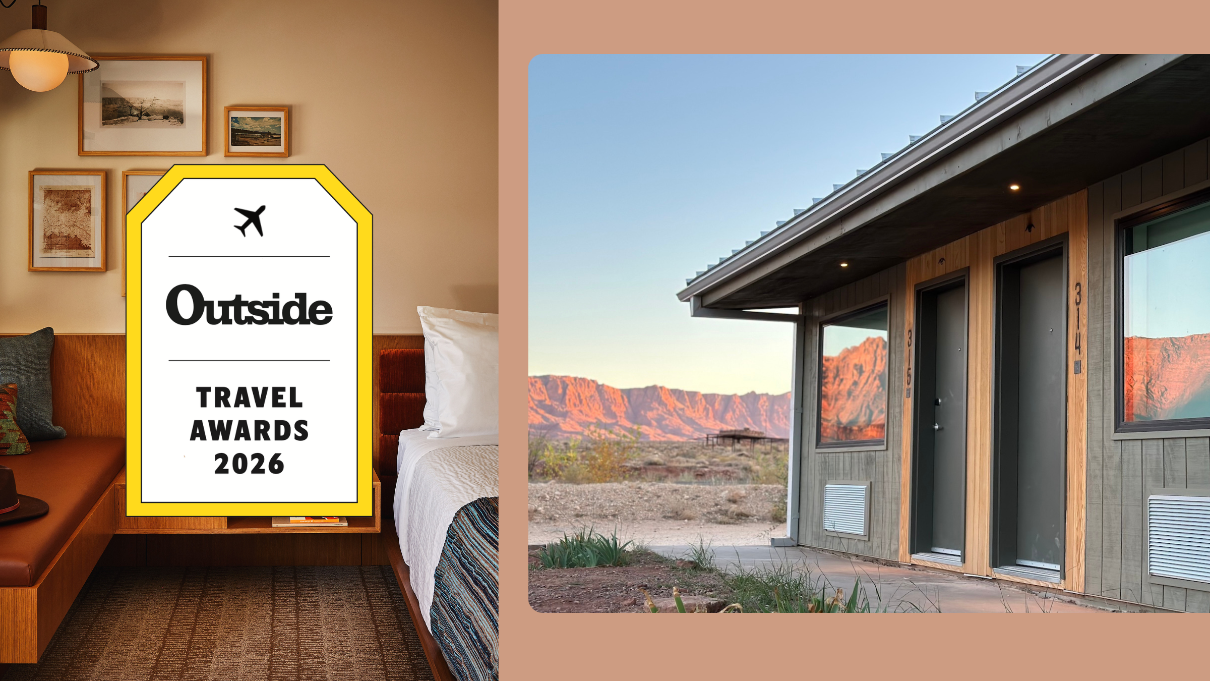 collage of two photos, one of the interior of trailborn grand canyon and one of the exterior of marble canyon lodge, overlayed with a Outside Travel Awards 2026 logo.