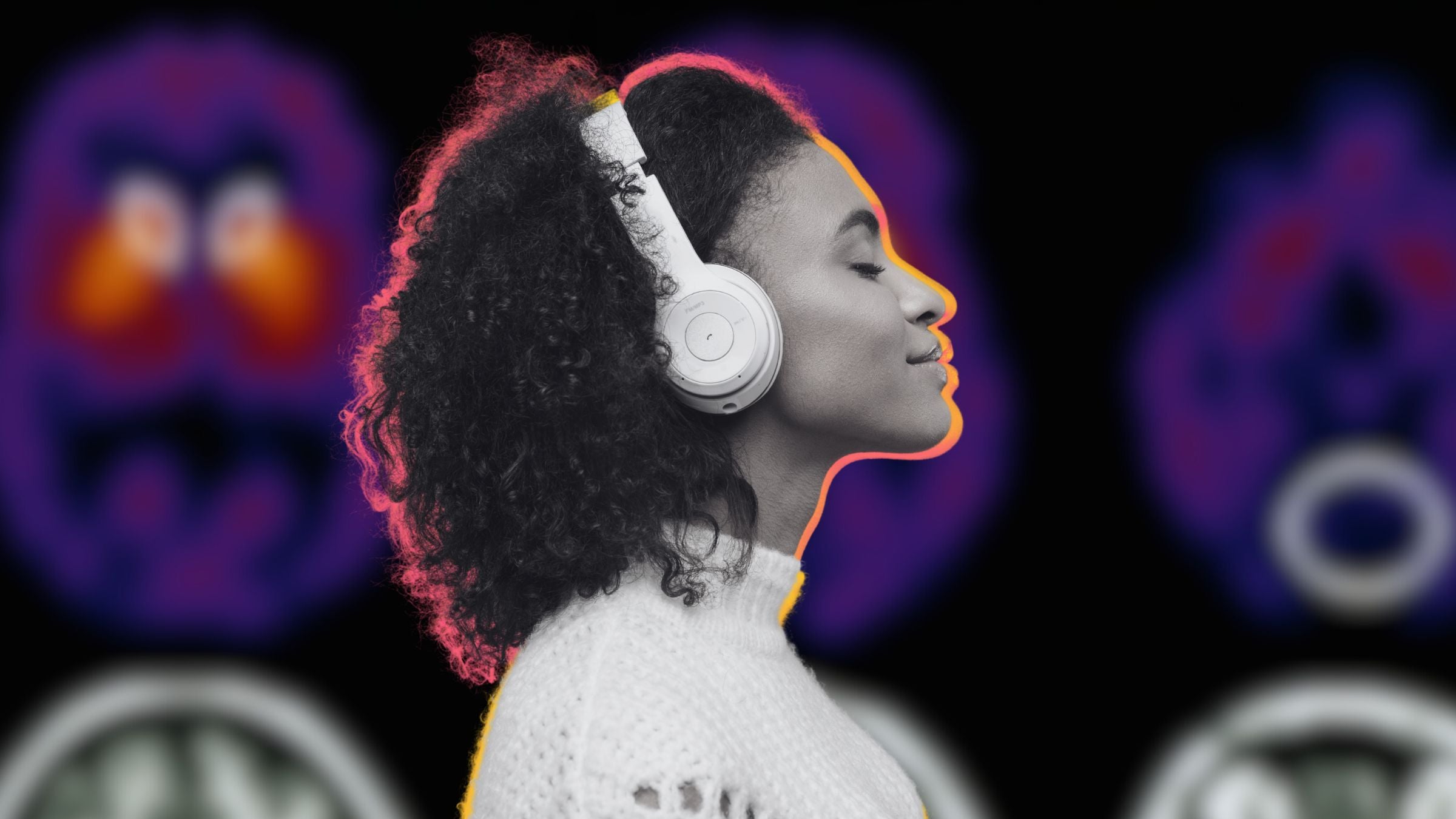 person with headphones with a brain scan background