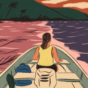 Illustration of a woman in a boat looking at a green coastline.