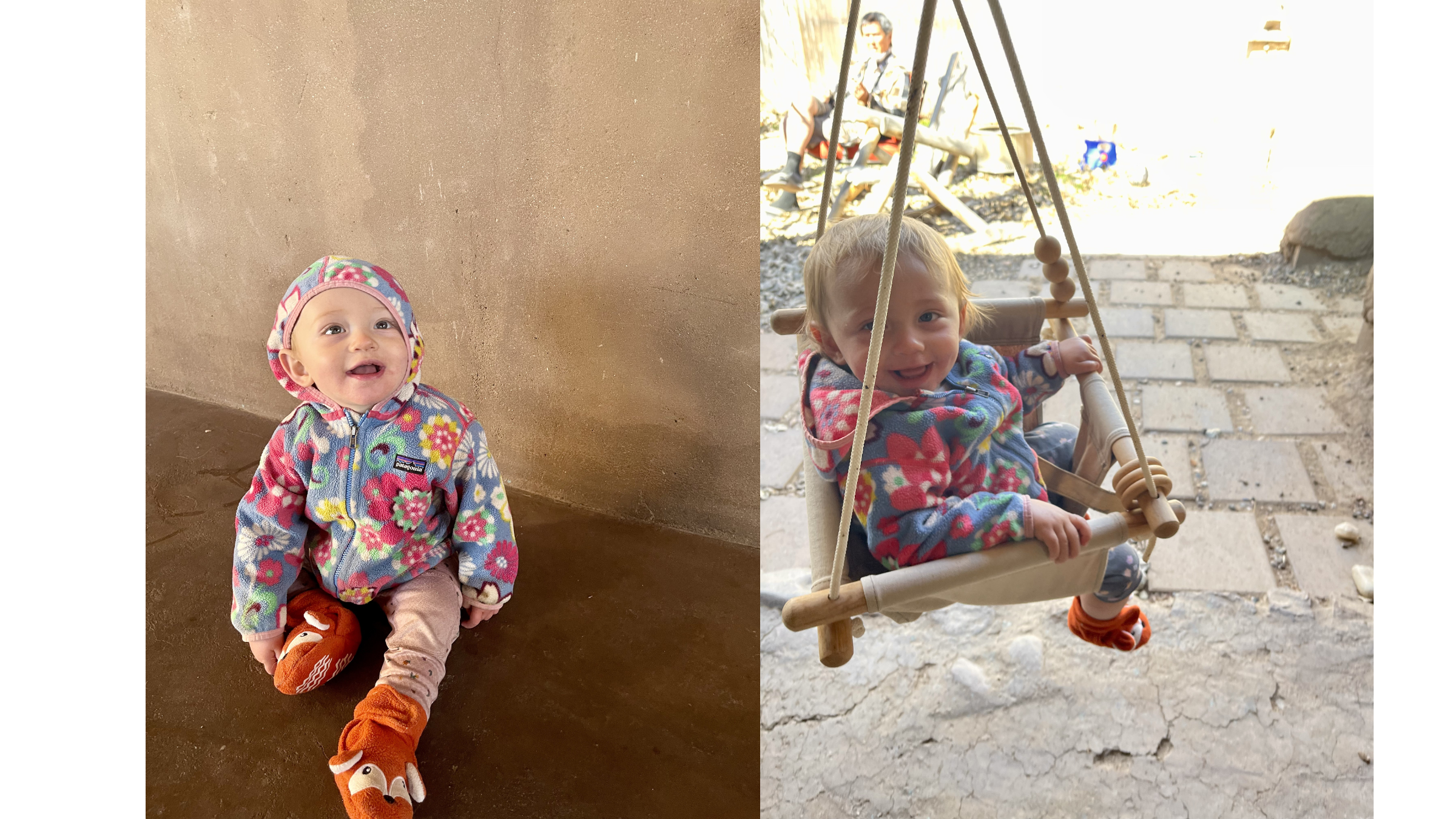 Blonde toddler wearing a colorful floral Patagonia kids fleece