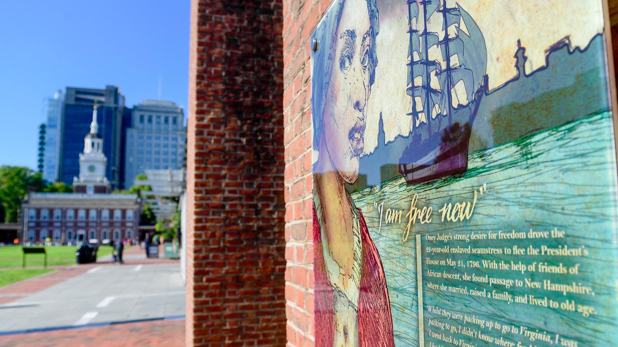 Exhibits discussing slavery and the Founding Fathers' owning slaves are seen at the President's House on August 9, 2025 in Philadelphia, Pennsylvania