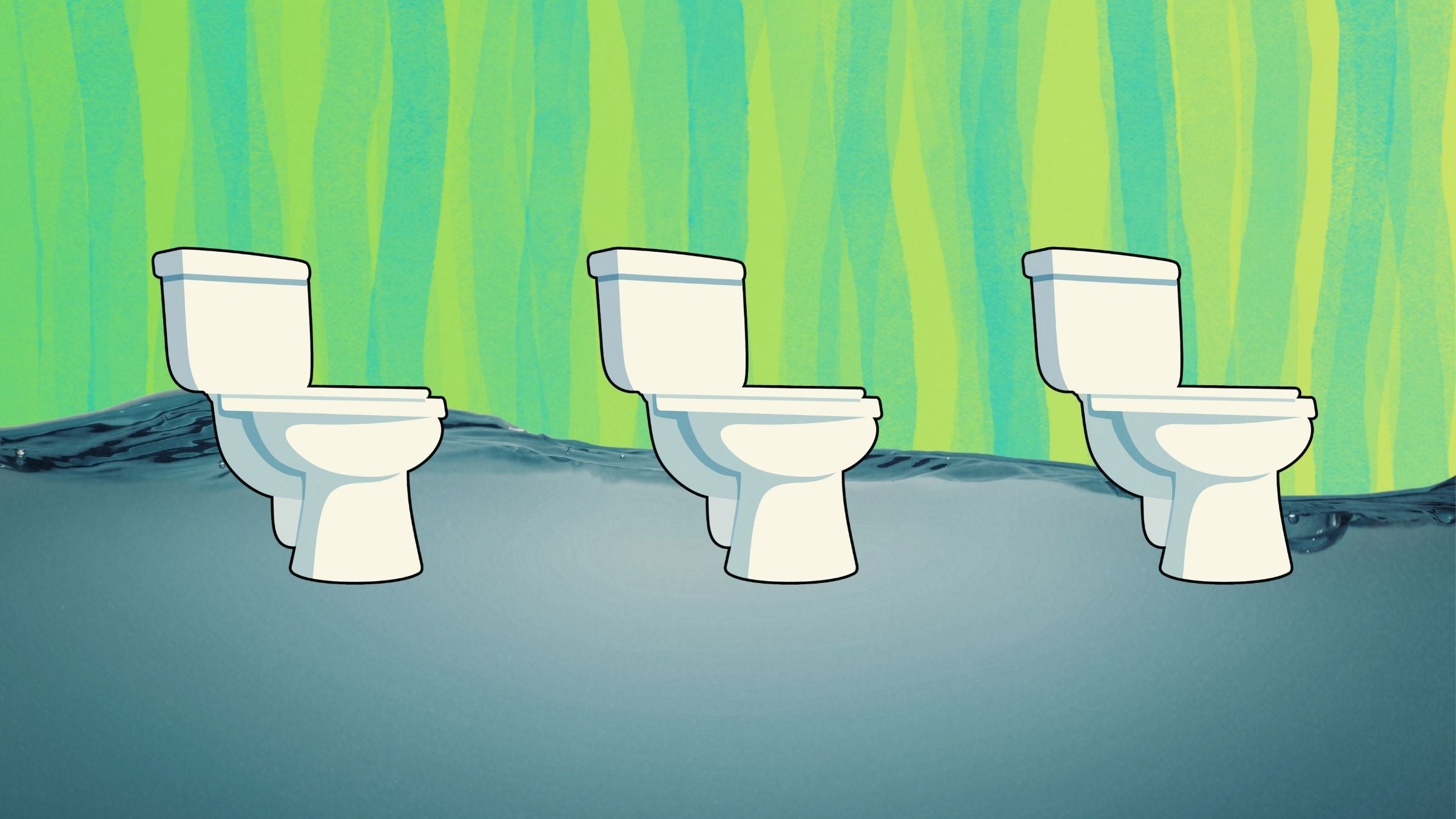 three toilet bowls on a blue and green water background