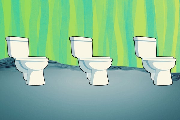 three toilet bowls on a blue and green water background