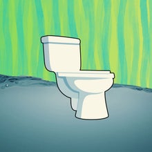three toilet bowls on a blue and green water background