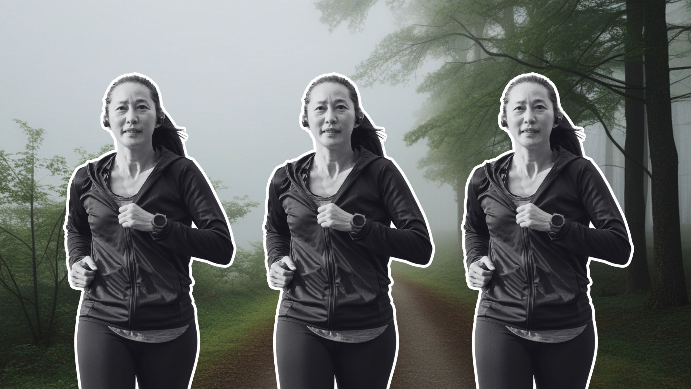 An older Asian woman running on a forest running trail behind her.