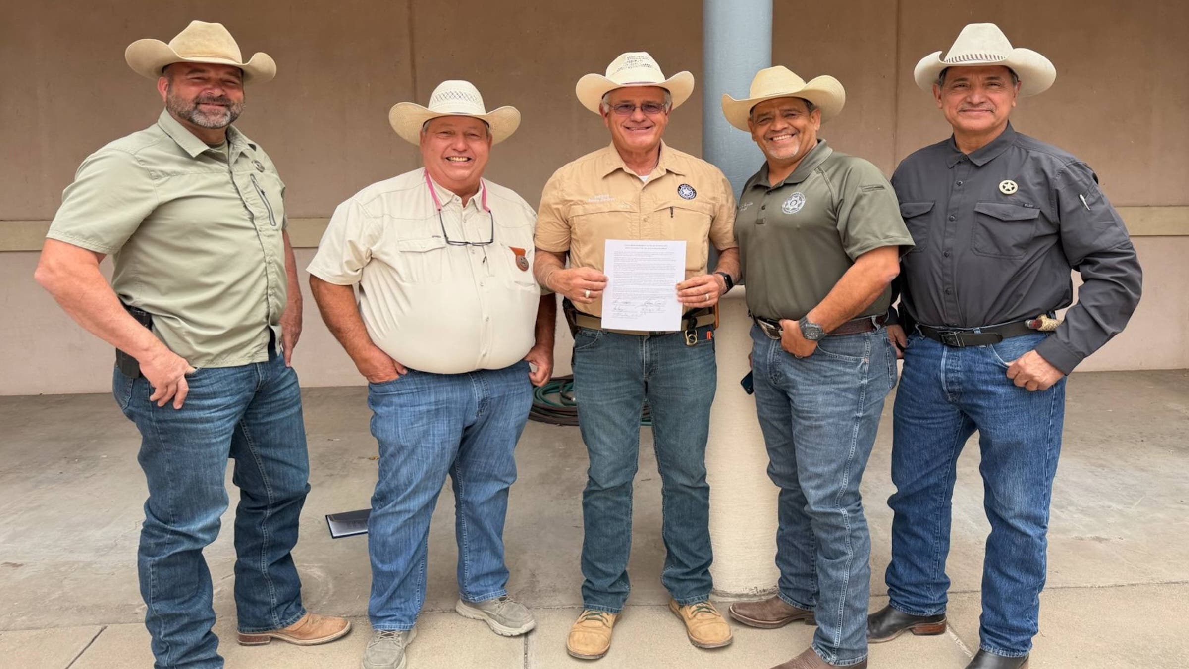 Shown are Texas Sheriffs Sheriffs Arvin West, Oscar Carillo, Danny Dominguez, Ronny Dodson, and Thaddeus Cleveland