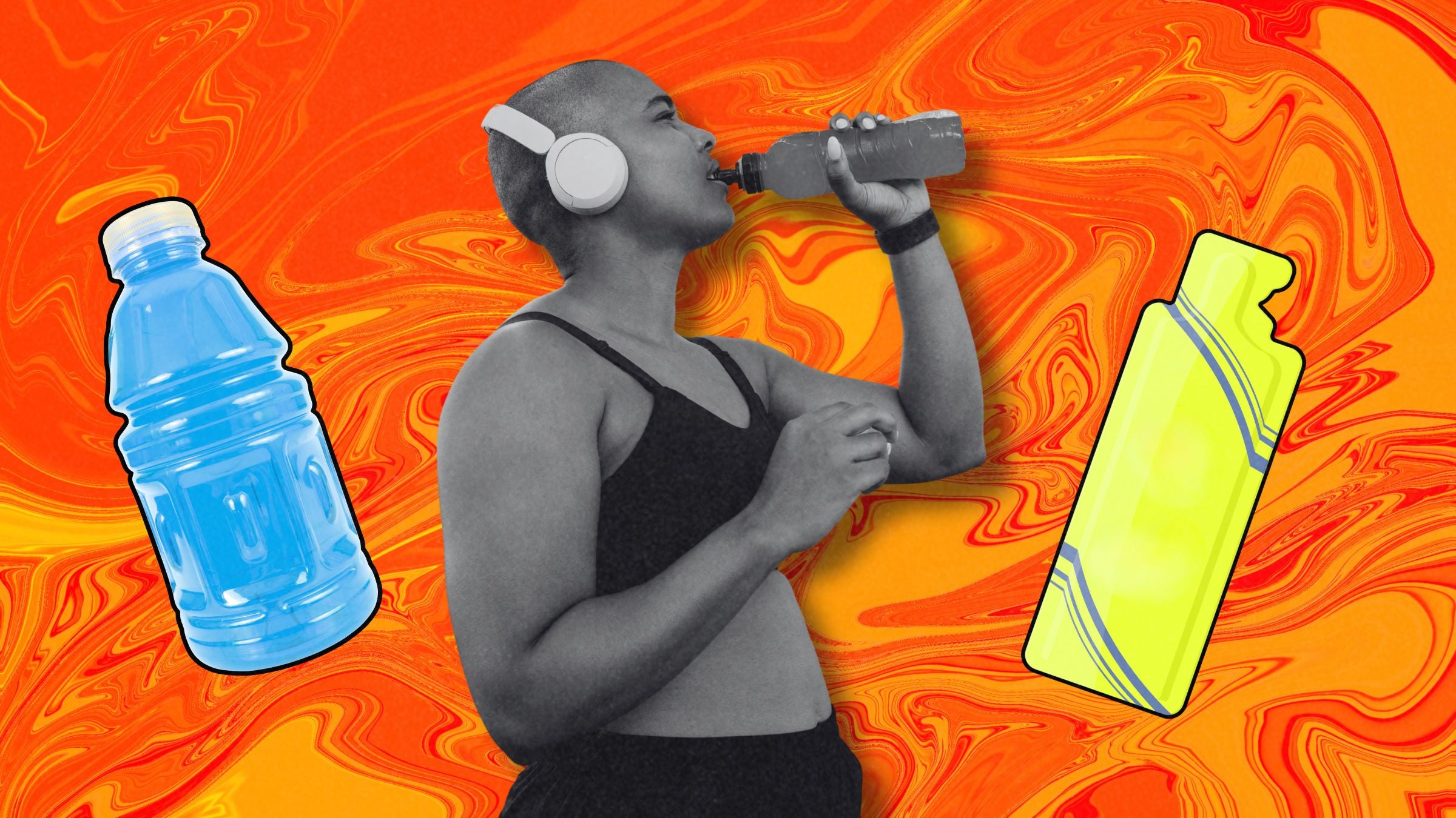 woman drinking a sports drink on a background of sport drinks and gels