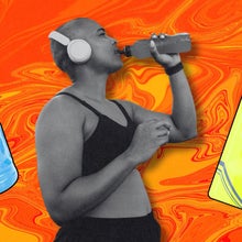 woman drinking a sports drink on a background of sport drinks and gels