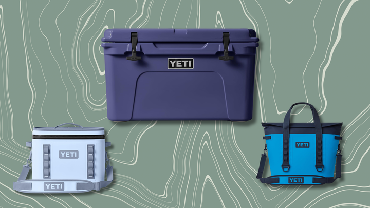 A product collage featuring a blue-purple YETI Tundra 45, a light blue YETI Hopper Flip 18, and a bright blue YETI Soft Cooler Tote, highlighting top picks from an Amazon YETI sale.