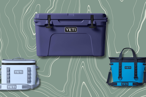 A product collage featuring a blue-purple YETI Tundra 45, a light blue YETI Hopper Flip 18, and a bright blue YETI Soft Cooler Tote, highlighting top picks from an Amazon YETI sale.