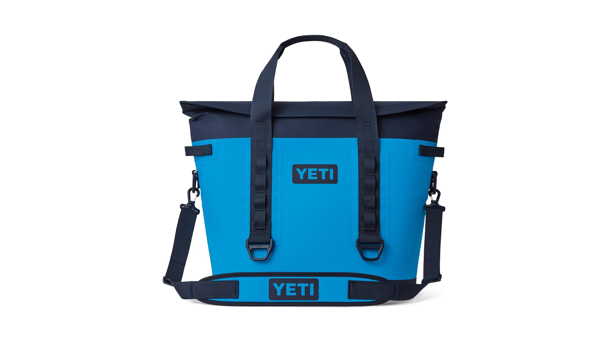 A YETI Soft Cooler Tote in Big Wave Blue with heavy-duty handles and a shoulder strap, featured in the latest Amazon YETI sale.