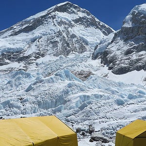 The Khumbu Icefall rises above Base Camp