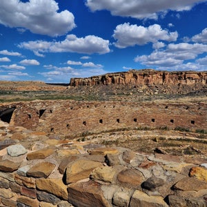 A wide angle shot of the Casa Rinconada in Chaco Culture National Historical Park, New Mexico