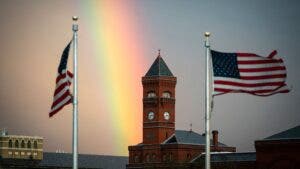 A rainbow appears behind the U.S. Forest Service building along the National Mall following a rain shower on March 28, 2021 in Washington, DC.