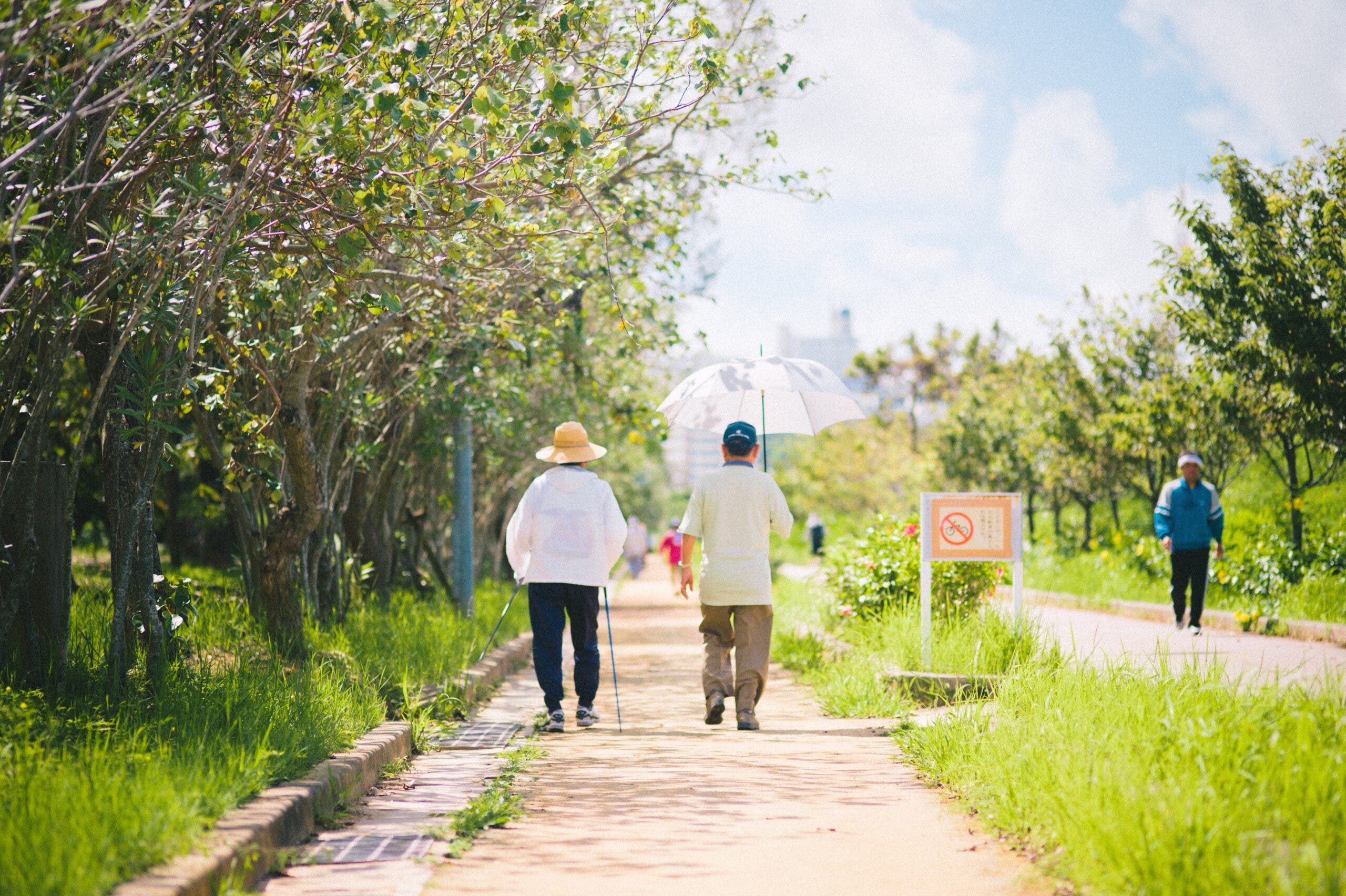 People walking in park in Okinawa, Japan.