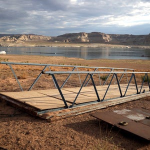 A boat dock sits on dry land near Lake Powell in 2021