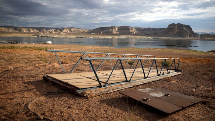 A boat dock sits on dry land near Lake Powell in 2021
