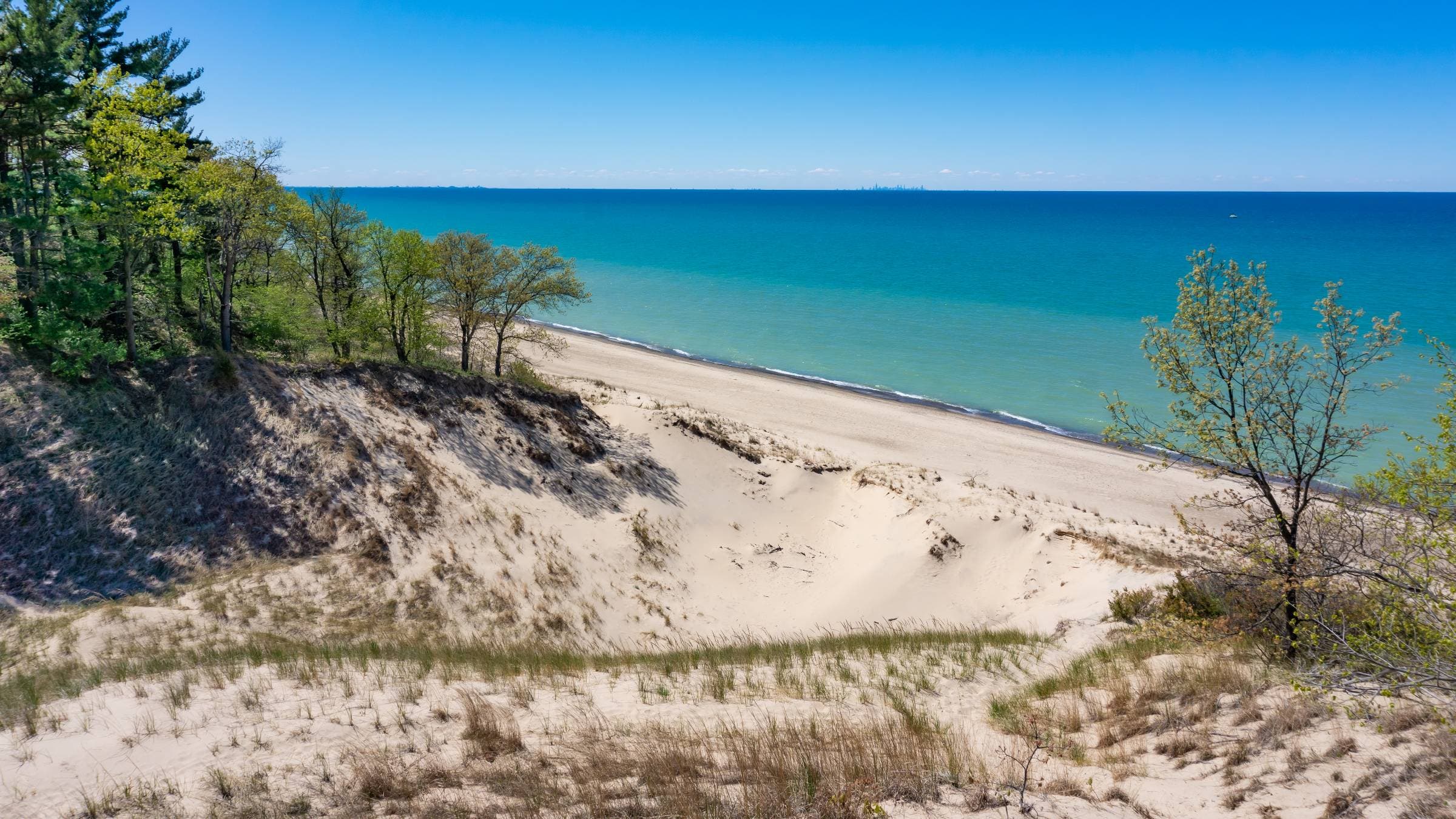 Indiana Dunes National Park, Indiana, USA. The views of Lake Michigan and the sand dunes are popular beach and hiking attractions.