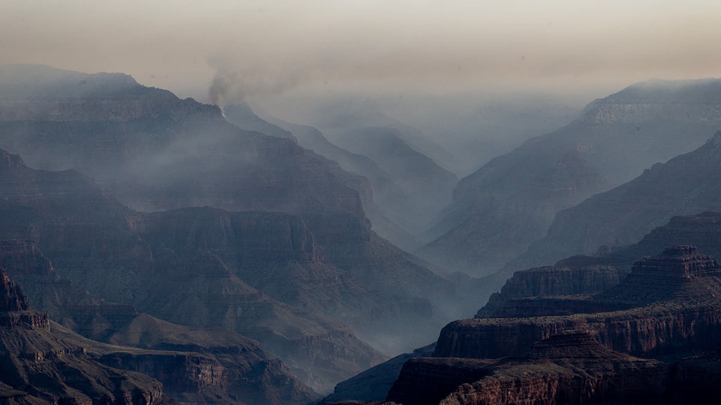 Smoke from nearby wildfires settles into the Grand Canyon on July 15, 2025