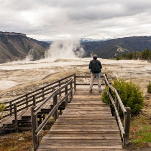 Male Backpacker Standing on Wooden Boardwalk Overlooking Mammoth Hot Springs Terraces