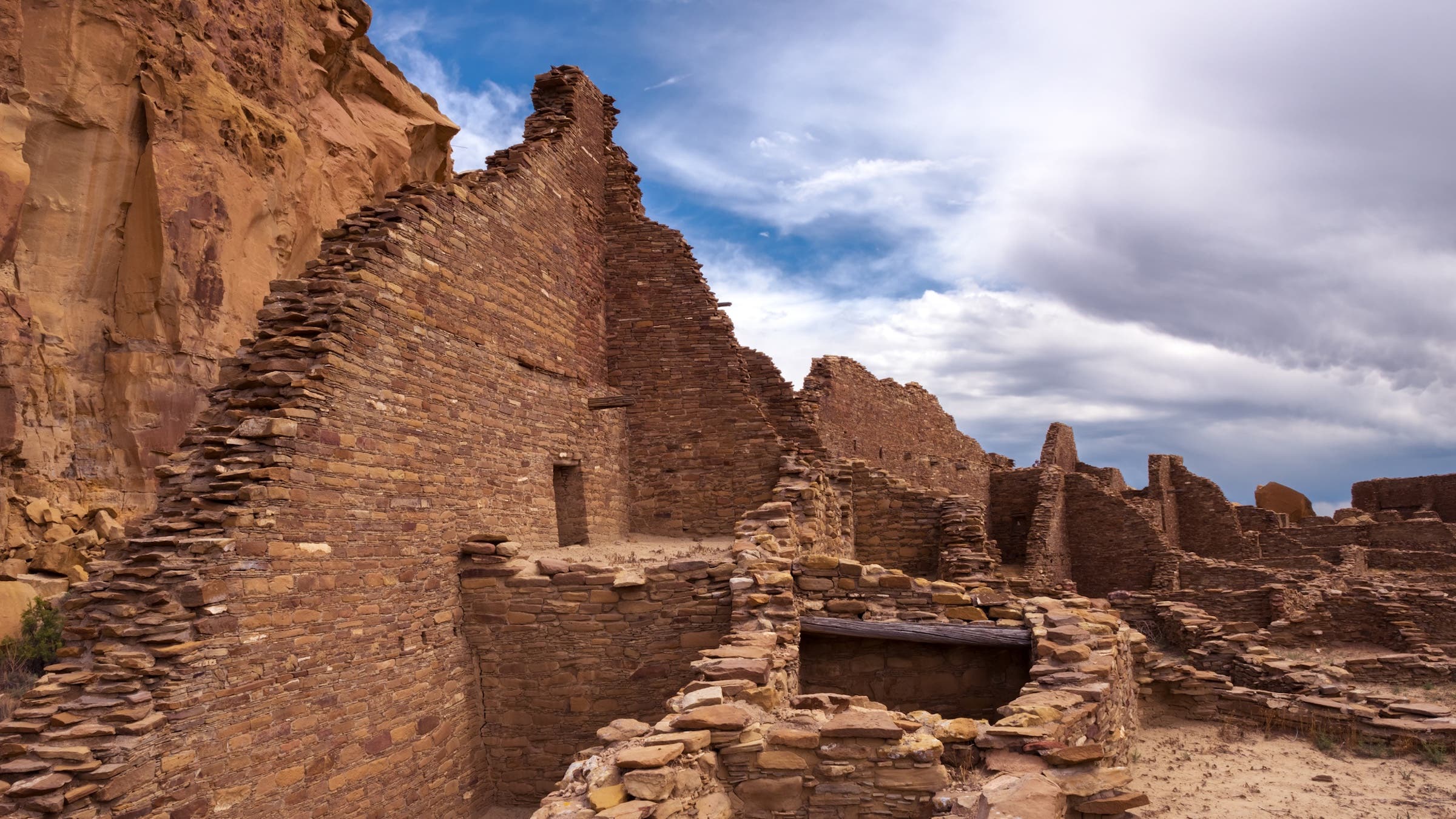 Chaco Canyon contains over 4,000 recorded archaeological sites. pictured is an ancient structure made of rocks
