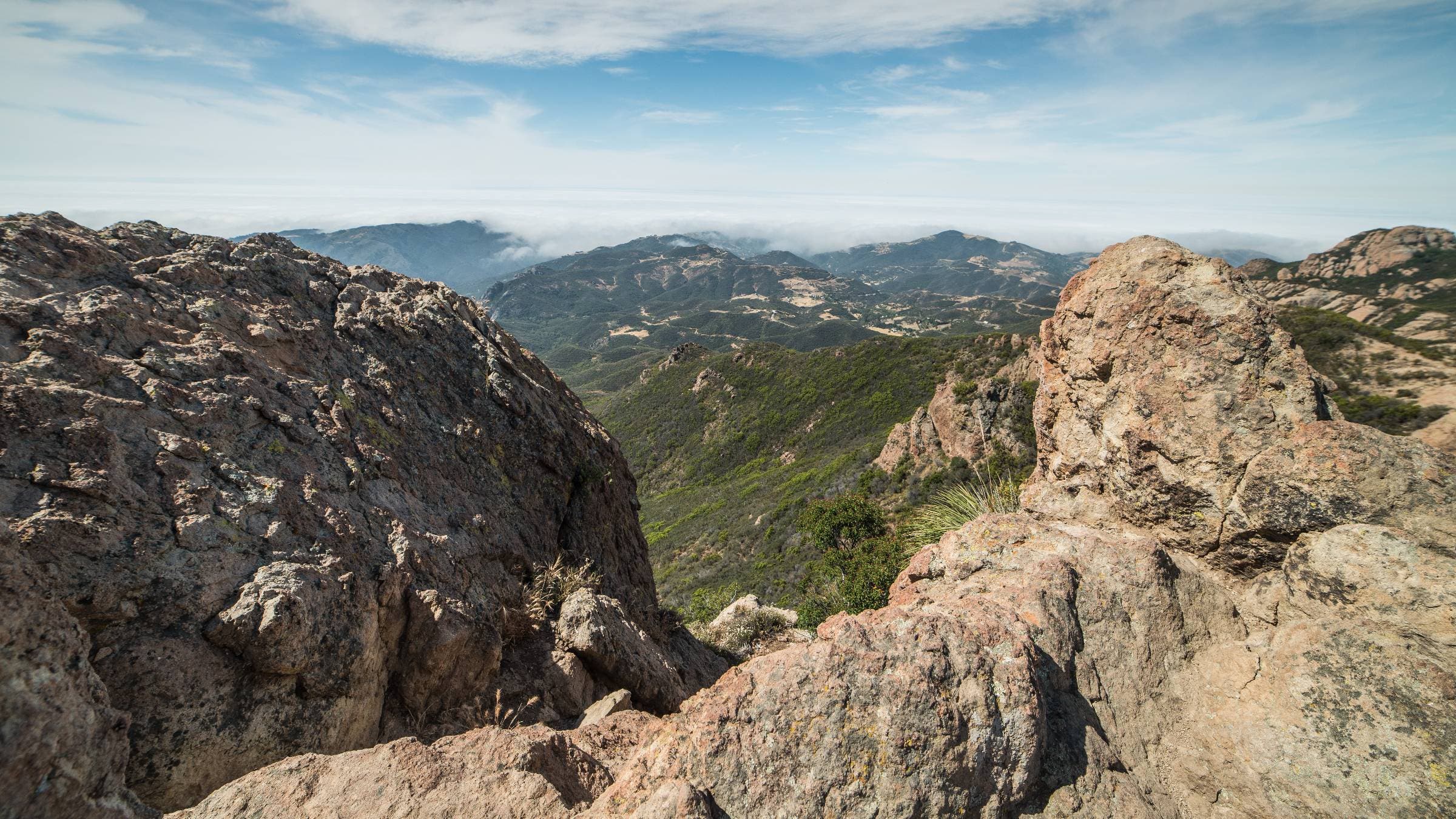 View of Foggy Malibu and the Pacific Ocean from the Summit of Sandstone Peak, Santa Monica Mountains National Recreation Area, California