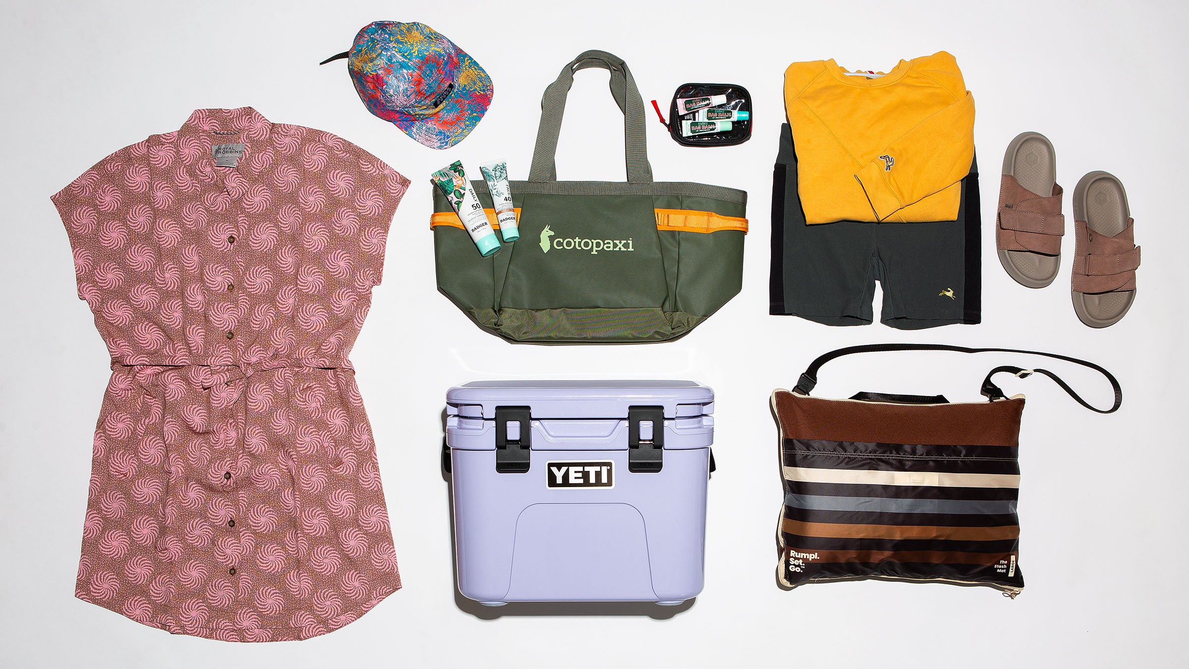 Dress, cooler, tote bag, sweatshirt and shorts, all recommended Mother's Day Gifts for active moms
