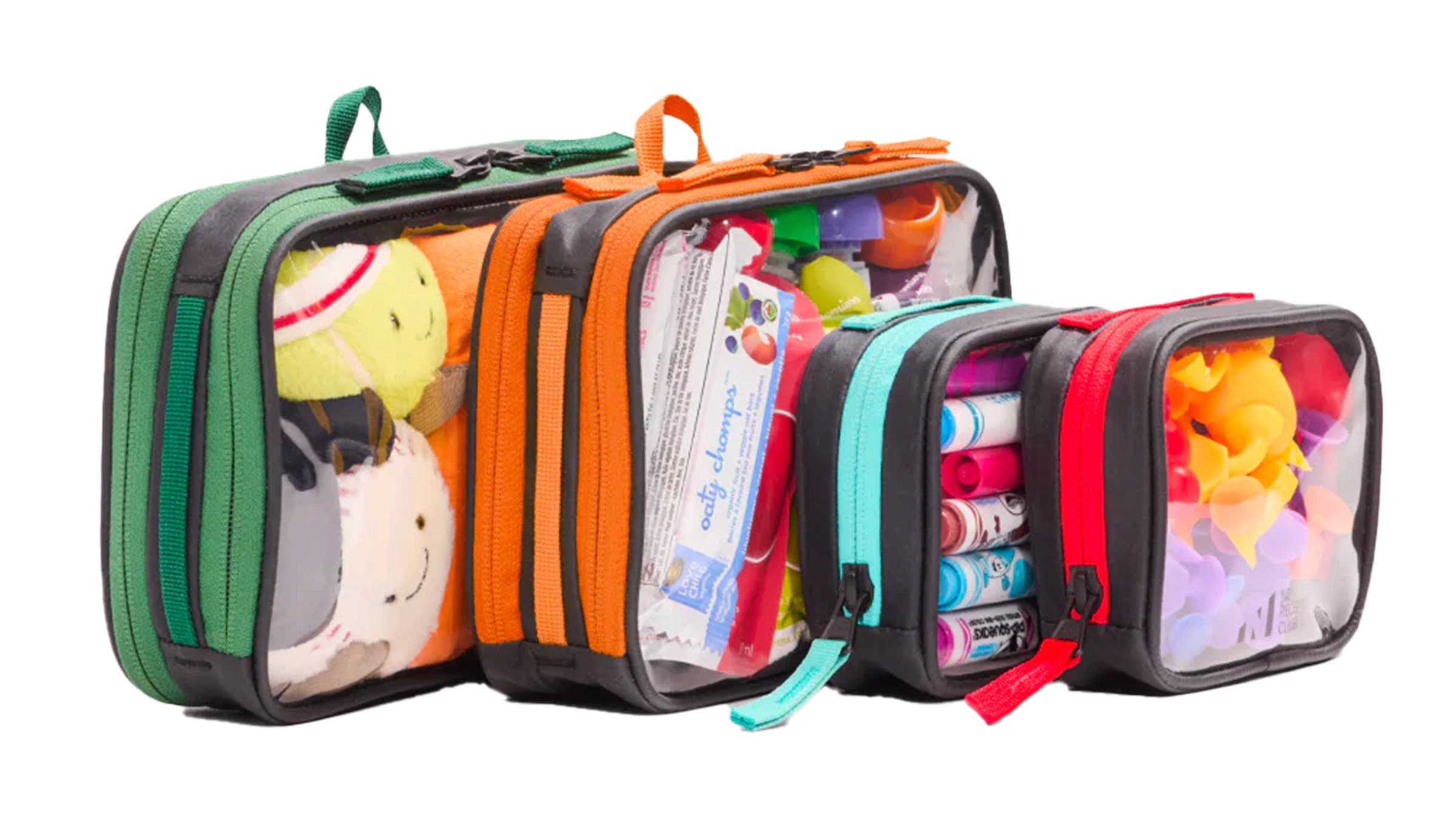 4 colorful No Reception packing cubes lined up, from large to small