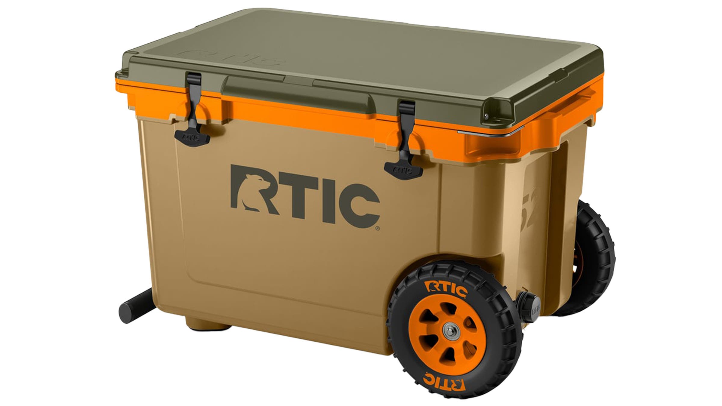 Green and orange RTIC 52 QT Ultra Light Wheeled Cooler on white background