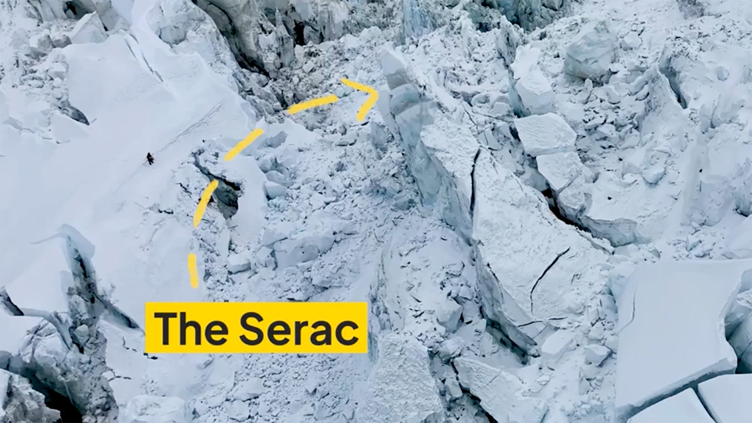 An aerial shot of the deadly serac in the Khumbu Icefall