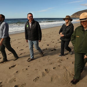 Four conservationists walk along a California beach