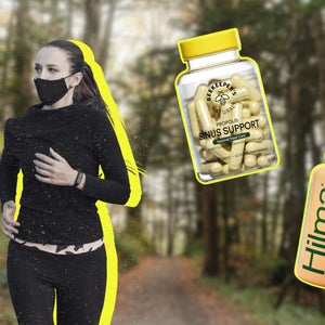 a woman wearing a mask while running outdoors with allergies and pollen all around her