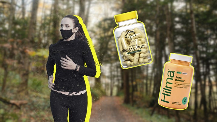 a woman wearing a mask while running outdoors with allergies and pollen all around her