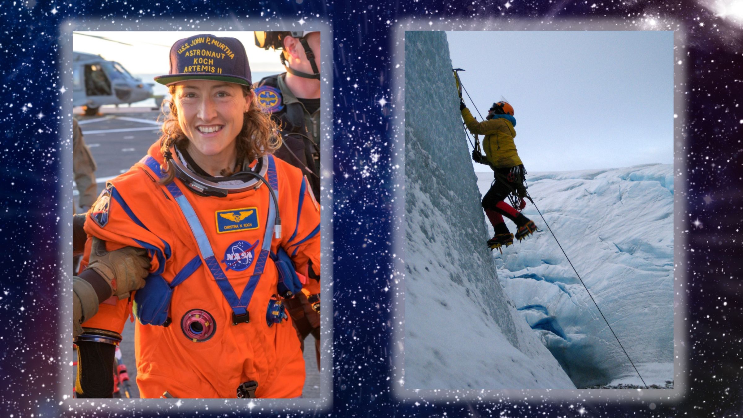 NASA astronaut Christina Koch, Artemis II mission specialist is assisted off the flight deck after arriving aboard USS John P. Murtha after she and fellow crewmates NASA astronauts Reid Wiseman, commander; Victor Glover, pilot; and CSA (Canadian Space Agency) astronaut Jeremy Hansen, mission specialist were extracted from their Orion spacecraft after splashdown, Friday, April 10, 2026, in the Pacific Ocean off the coast of California. And ice climbing.