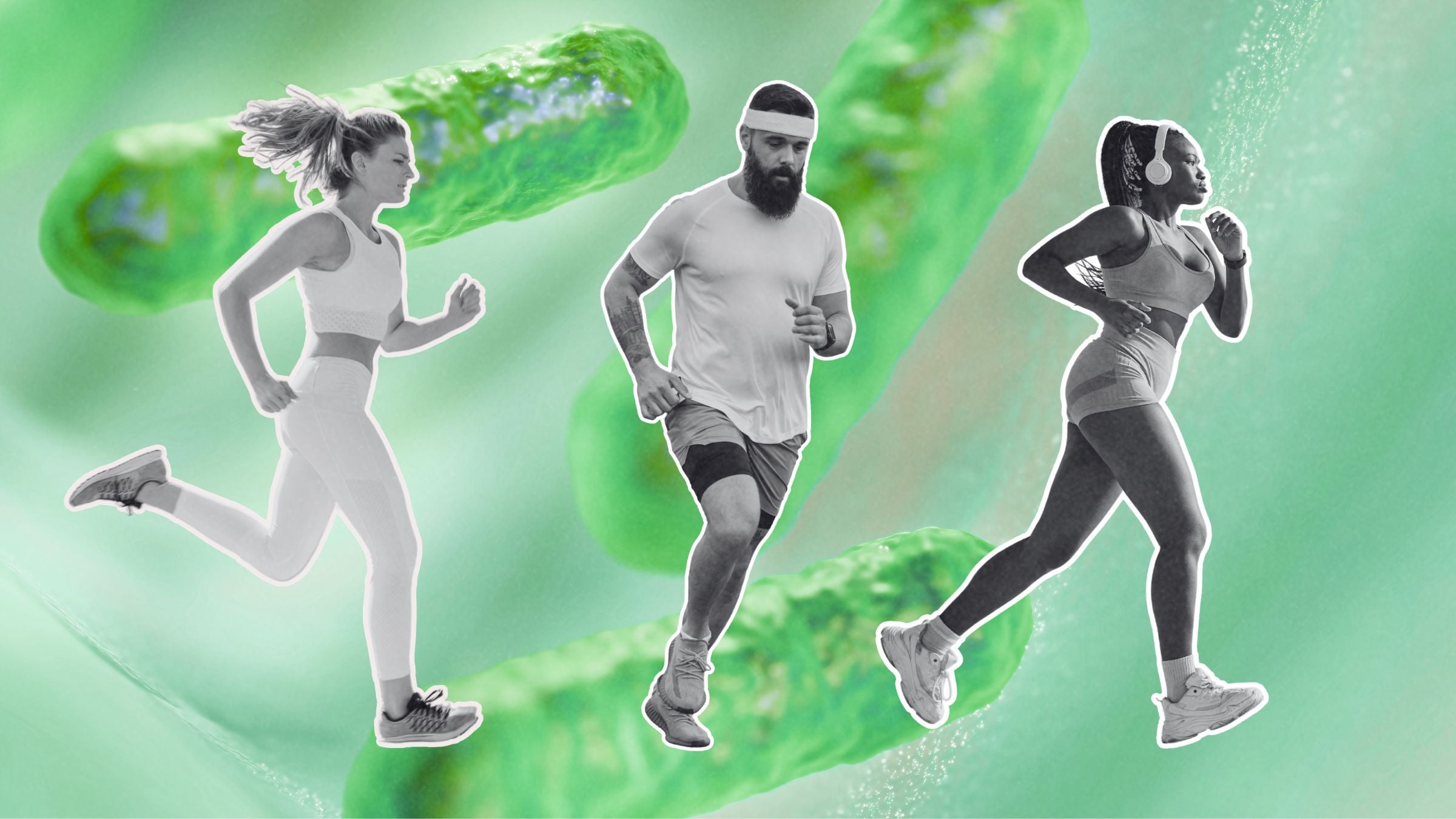 two women and one man running on an gut bacteria background