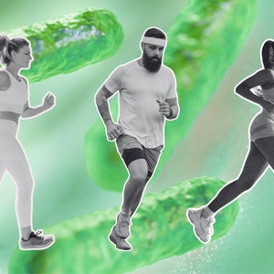 two women and one man running on an gut bacteria background