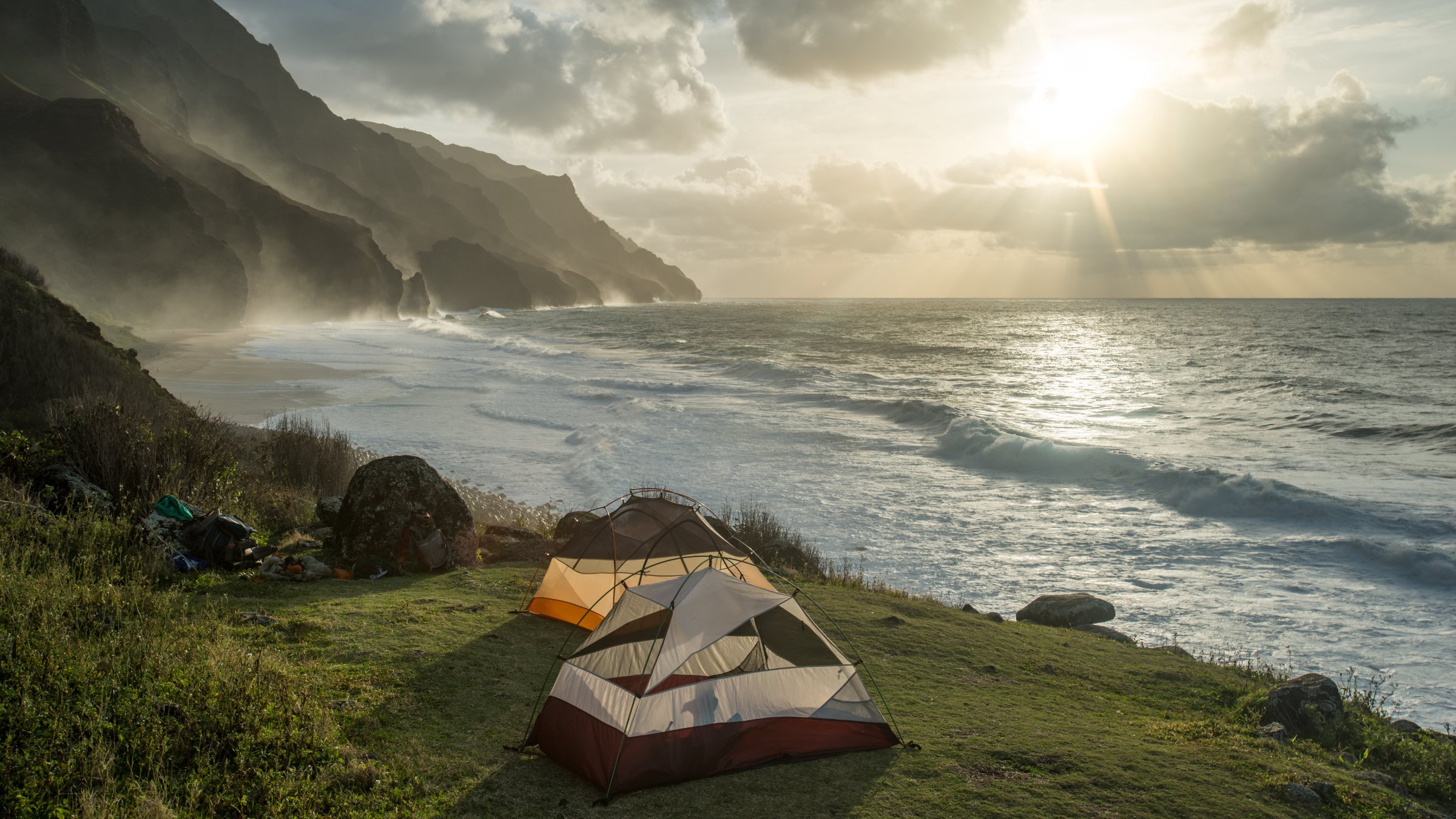 Campsite with view of the Na Pali coast and Kalalau Beach