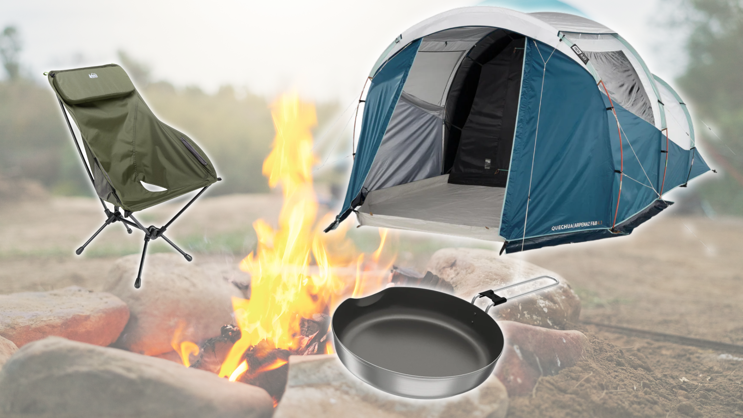 A collage featuring affordable outdoor gear from house brands, including an REI Co-op camp chair, a Decathlon Quechua tent, and a camping frying pan arranged around a glowing campfire in a blurred outdoor setting.