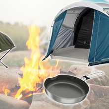 A collage featuring affordable outdoor gear from house brands, including an REI Co-op camp chair, a Decathlon Quechua tent, and a camping frying pan arranged around a glowing campfire in a blurred outdoor setting.