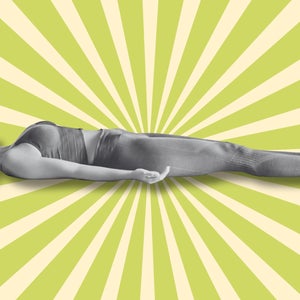 exercises to down while laying down; a woman laying on her back on a bright green background