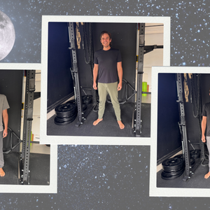 A collage featuring gear tester Joe Jackson modeling three different sets of performance sleepwear while standing in a home gym, set against a starry night sky background with a full moon. Each photo shows a different combination of moisture-wicking tees and joggers designed for both training and recovery.