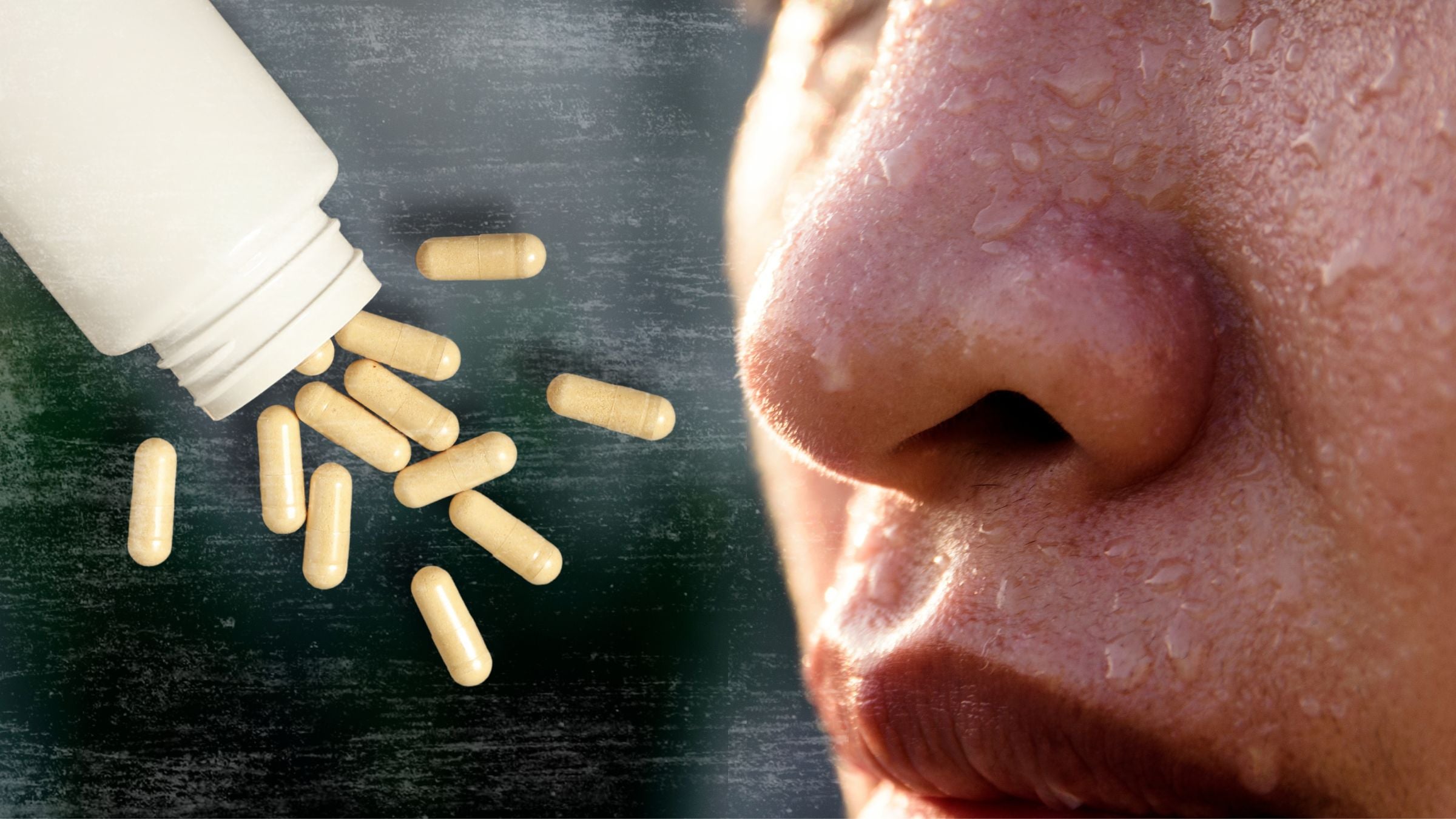 supplements next to a sweaty person's face