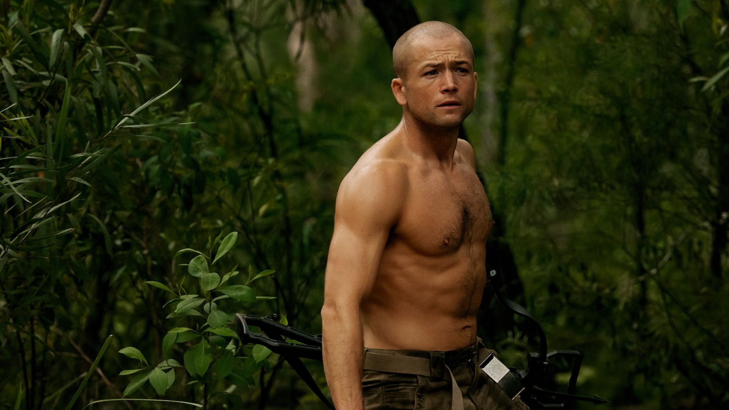 Taron Egerton in woods in 'Apex'