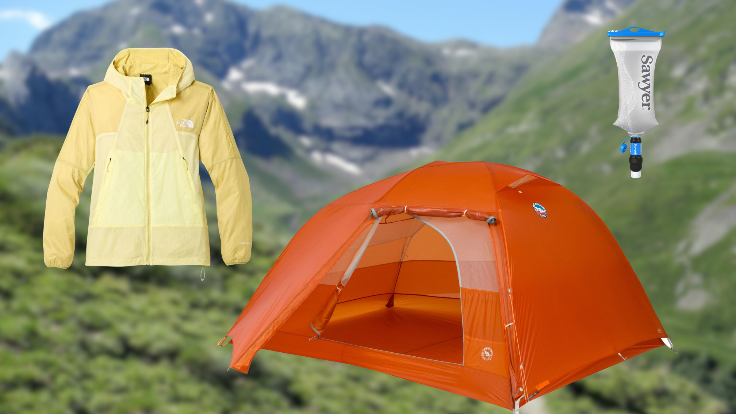 A yellow wind jacket, an orange Big Agnes tent, and a Sawyer Squeeze water filter are arranged over a blurred mountain landscape, showcasing essential ultralight backpacking gear.