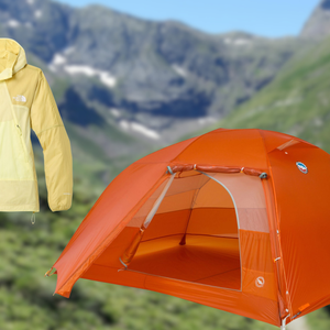 A yellow wind jacket, an orange Big Agnes tent, and a Sawyer Squeeze water filter are arranged over a blurred mountain landscape, showcasing essential ultralight backpacking gear.